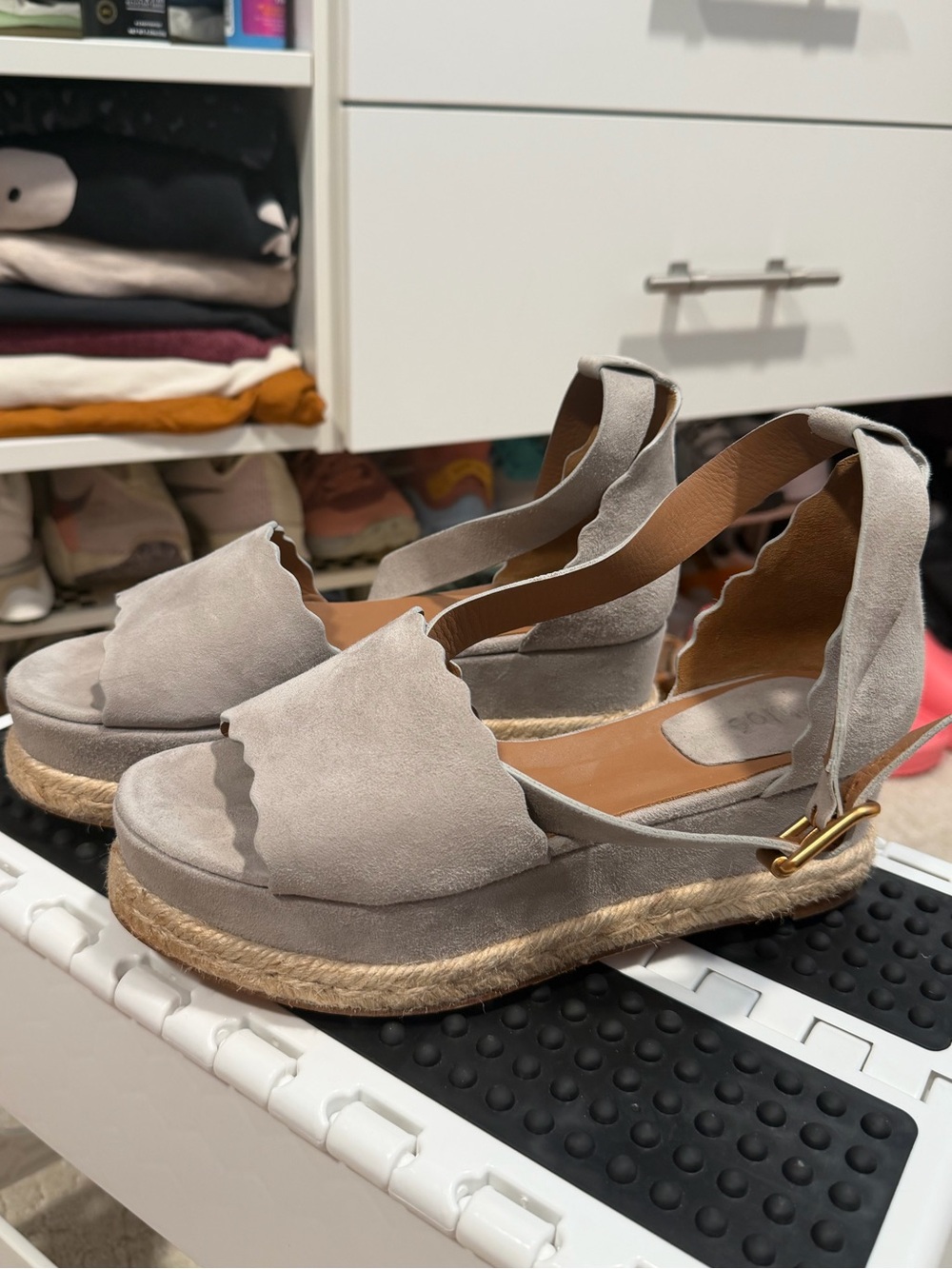 Chloe Light Gray Suede Scalloped Espadrille Platform Sandals